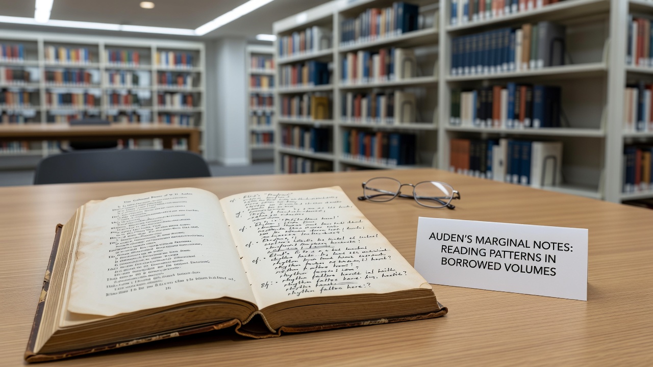 Close-up of handwritten marginalia in an Auden-annotated library book from the mid-20th century