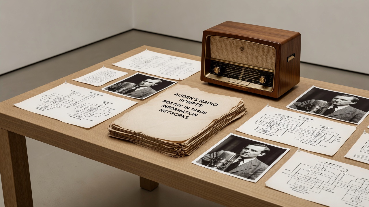 Historical documents and radio scripts from W.H. Auden's 1940s BBC work displayed in an archive setting